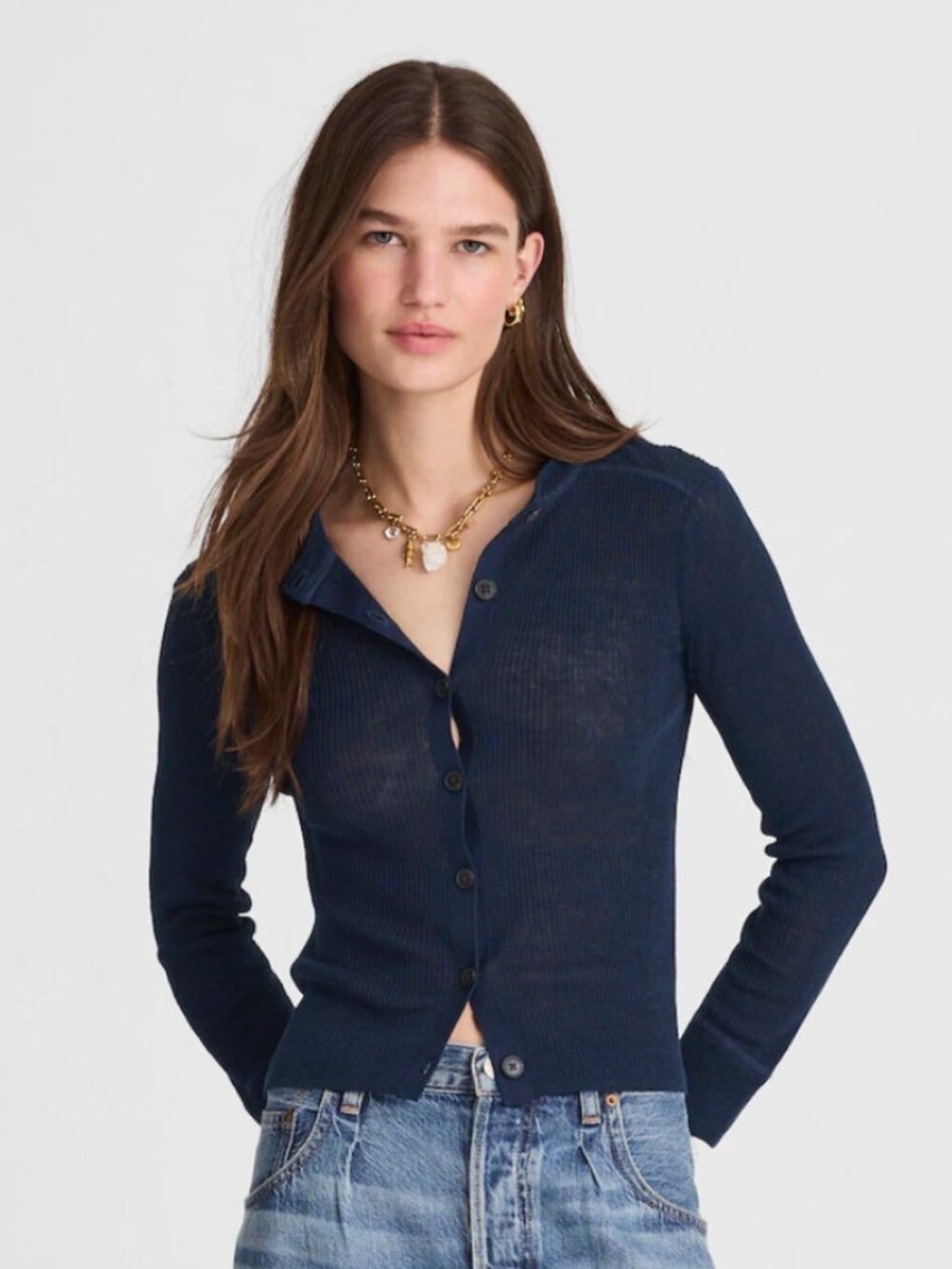 NEW Madewell Linen Blend Crewneck Cardigan Sweater S Navy Deep